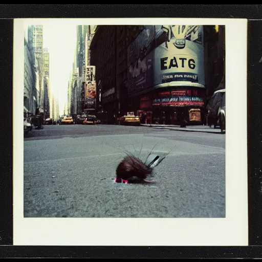 Image similar to wide-shot very low-angle eyesight photo of a rat at the street in New York, polaroid photo, by Andy Warhol, signed