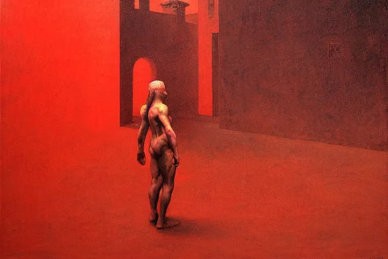 Image similar to only with red, caesar after war, the deal, a red tiger, in hoc signo vinces, rome in background, an ancient path, in the style of beksinski, part by hopper, part by rodcenko, part by hofbauer, intricate composition, red by caravaggio, insanely quality, highly detailed, masterpiece, red light, artstation