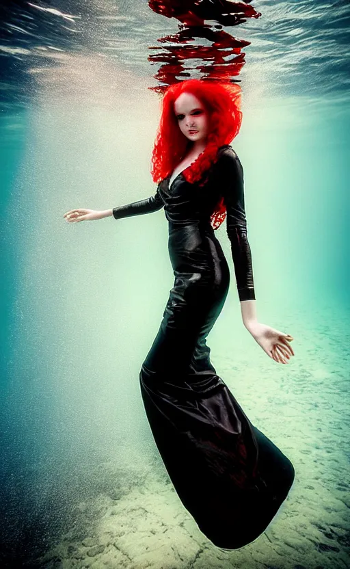 Image similar to portrait of a girl with long red hair in a black dress, under water, very beautiful style, girl wrapped in leather salwar bag black, photorealism jared french, george tucker