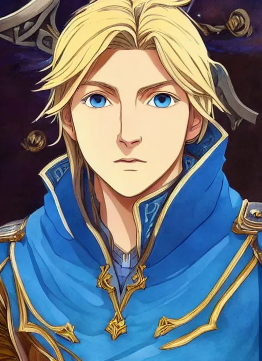 Image similar to portrait of anduin wrynn from wow, studio ghibli epic character with beautiful blue eyes, very beautiful detailed symmetrical face, blonde hair, bright colors, diffuse light, dramatic landscape, fantasy illustration