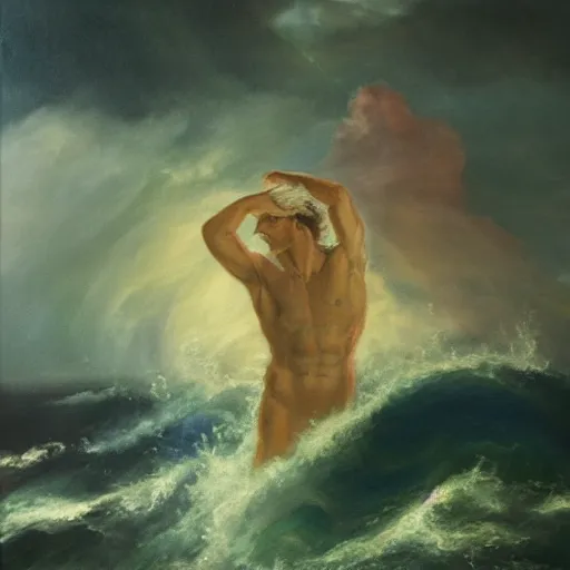 Prompt: poseidon amongst the tempest, romanticism, oil painting, pastel colours