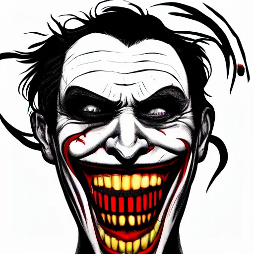 Image similar to joker, smiling, unnatural grin, horror, creepy, smoke, black, dark, glow