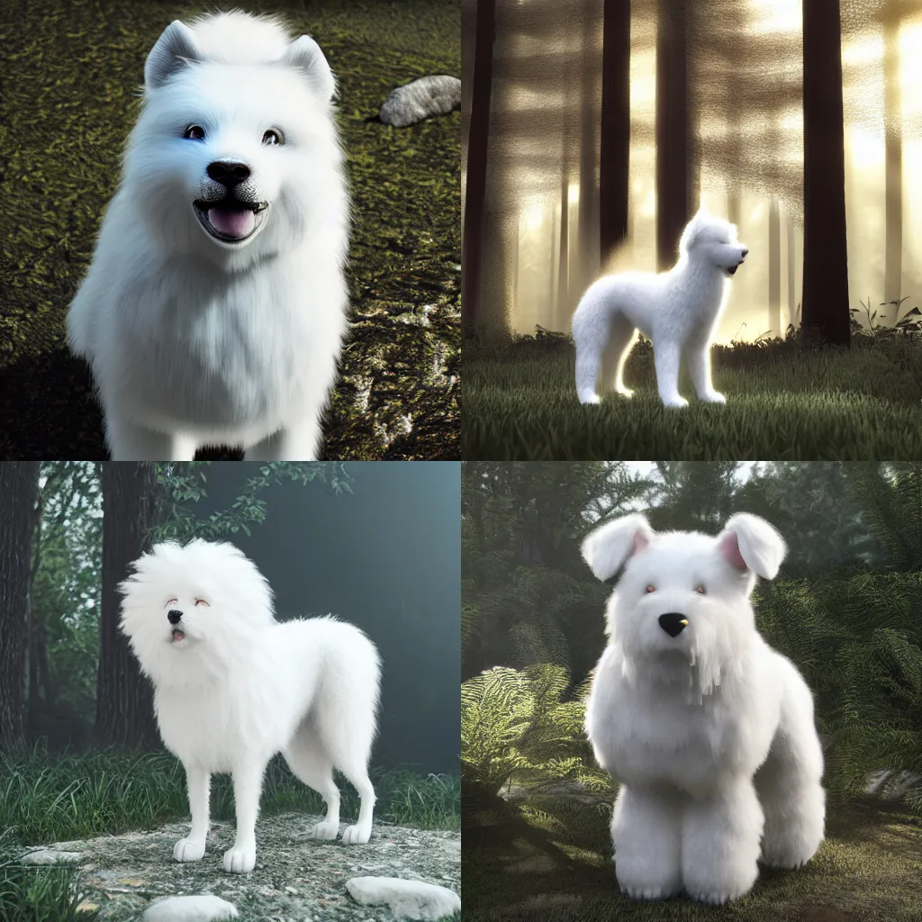 Prompt: White fluffy dog, forest, dusty lighting, hyper realistic, volumetric light, octane render