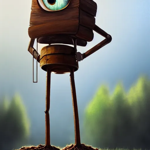 Prompt: a walking wood and metal house with two mechanical legs and two big eyes, rust, hyperrealistic, highly detailed, cinematic, single ray of sun, morning, pareidolia, gravity falls style, beautiful, cgssociety, artstation, 8 k, oil painting, digital art