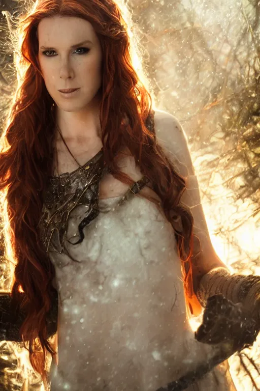 Image similar to Marisha Ray is a half-elven druid, realistic cinematic shot, swirling nature magic, subtle fog and mood lighting