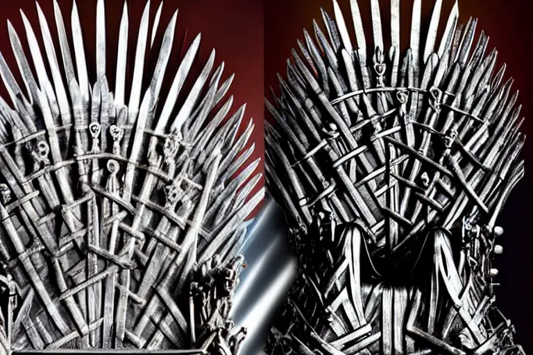 Prompt: Ranil Wickramasinghe sitting on the iron throne, closeup photograph, dark color scheme