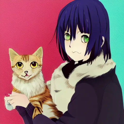 Image similar to yato from noragami with a cute cat, profile picture, vintage fashion, highly detailed, reflection, 8 k, realistic artwork, hd, inspired by noragami, 9 0 s anime art style, elegant,