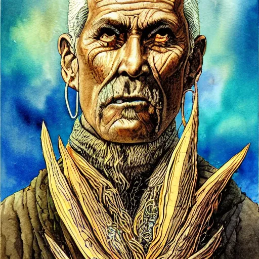 Image similar to very old shaman burns from inside, old gray haired mexican mage close his eyes no pain, watercolor ink painting, in the style of jean giraud, in the style of moebius, detailed realistic hd 8 k high resolution