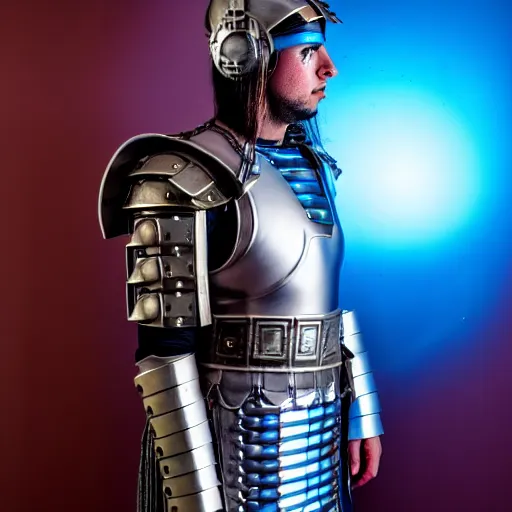 Image similar to full shot photo of a futuristic cyberpunk roman centurion