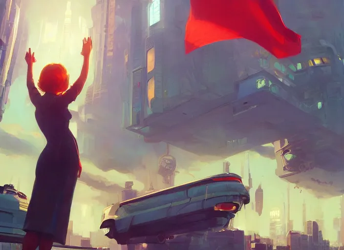 Image similar to gorgeous inspiring girl enthusiastically waving a red flag over her head to manage flying car traffic in aMandelbrot fractal futuristic bustling utopian city by Craig Mullins, ilya kuvshinov, krenz cushart, artgerm trending on artstation by Edward Hopper and Dan Mumford and WLOP and Rutkovsky, Unreal Engine 5, Lumen, Nanite, low poly