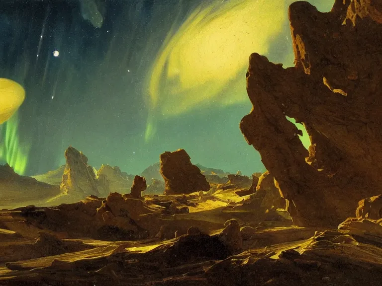 Prompt: an oil painting of a cracked plane on an alien planet with a distant mountain range at dusk with aurora lighting up the sky by carl spitzweg and tuomas korpi. baroque elements, full-length view. baroque element. intricate artwork by caravaggio. Trending on artstation. 8k