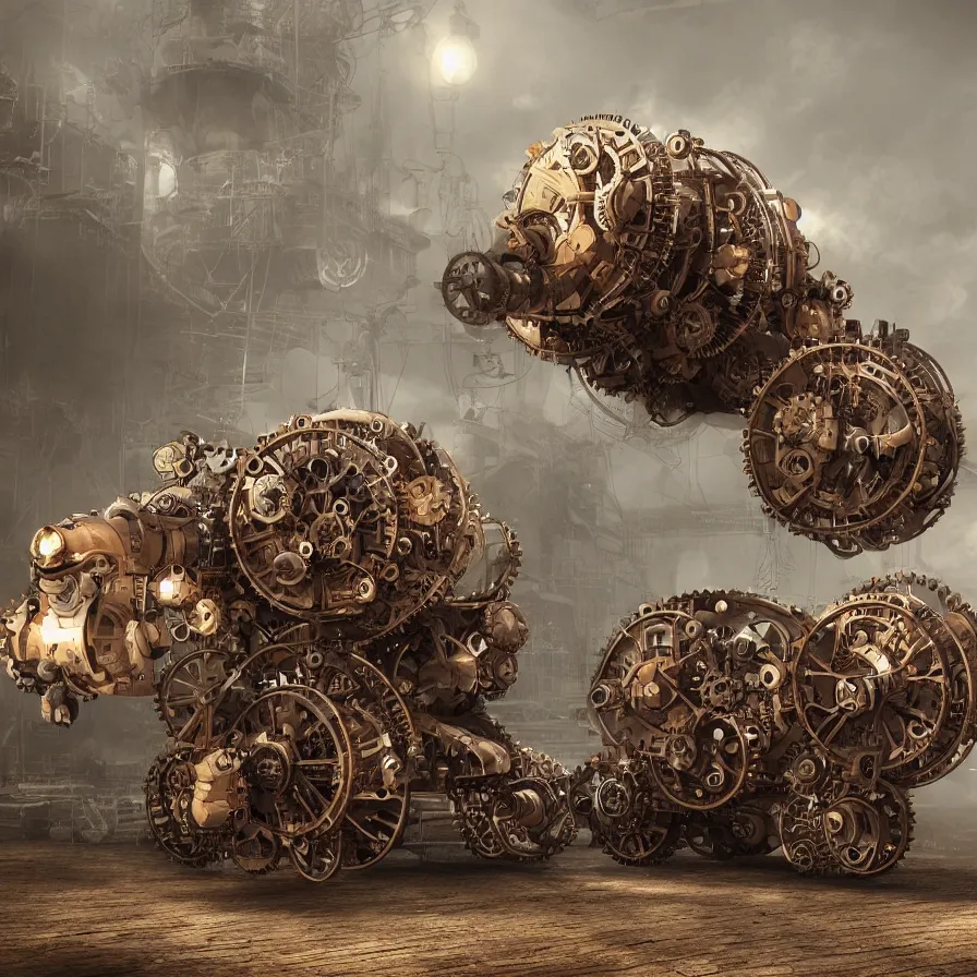 Image similar to giant mechanical steampunk hamster, gears, foggy, photorealistic, photoshop, 8 k