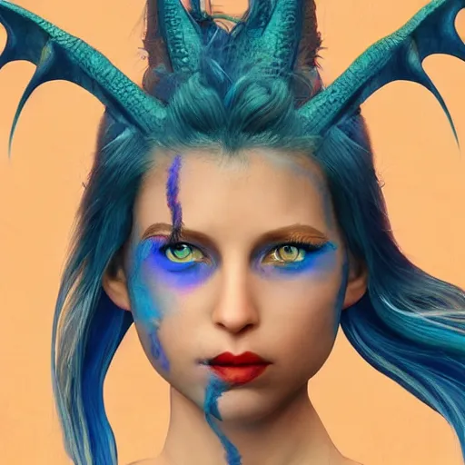 Image similar to The dragon girl portrait, portrait of young girl half dragon half human, dragon girl, dragon skin, dragon eyes, dragon crown, blue hair, long hair, highly detailed, cinematic lighting, Matte painting by David Lynch