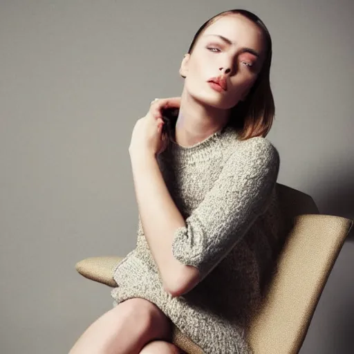 Image similar to close up of face of female fashion model, sitting on chair, beige colors, official jil sander and valentino editorial, highly detailed