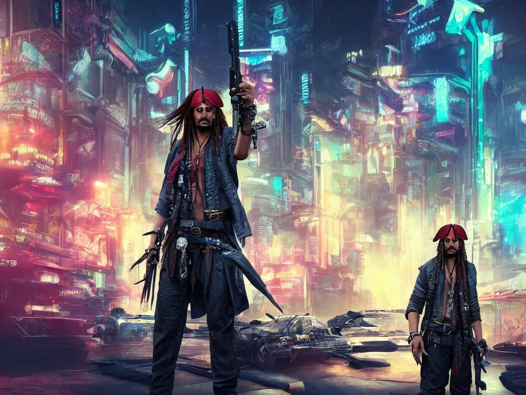 Image similar to jack sparrow in the game of cyberpunk 2 0 7 7, portrait, focus, 3 d illustration, sharp, intricate, poster, jack sparrow standing in front of the futuristic car, night city dystopian cyberpunk city in the background, holding a gun, photo, detailed photo, scene from blade runner