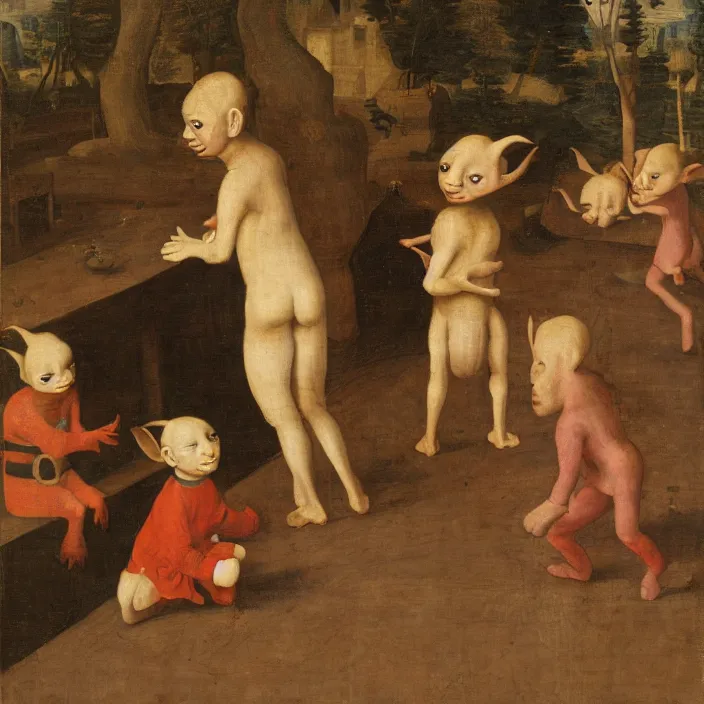 Image similar to a goblin child sitting alone watching children play, early netherlandish painting,