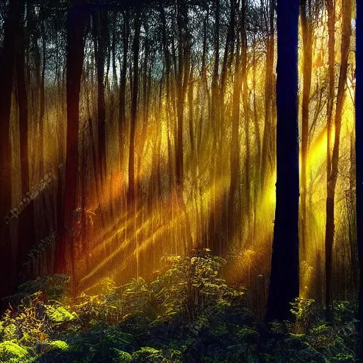 Prompt: a magical painting of a mystical forest clearing with sunrays