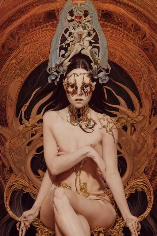 Image similar to a painting of a beautiful death goddess sitting on a throne made of flesh and bone, adorned with skulls, full face, full body, by artgerm and Alphonse Mucha, Greg rutkowski, Alex Ross, Lucio parrillo, highly detailed, octane, trending on artstation