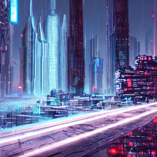 Prompt: nightscape, cityscape made of sculpted ice, cyberpunk, quantum wavetracing,