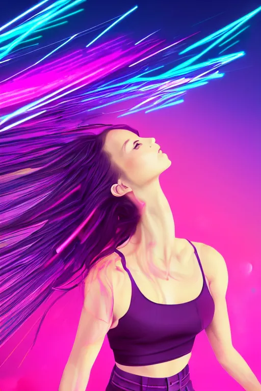 Image similar to a award winning half body portrait of a beautiful woman in a croptop and cargo pants with ombre purple pink teal hairstyle with head in motion and hair flying, surrounded by whirling illuminated lines, outrun, vaporware, shaded flat illustration, digital art, trending on artstation, highly detailed, fine detail, intricate