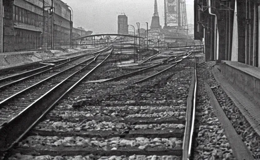 Image similar to old photo from 1 9 5 9. very large giant mutant antropomorphic rat staying on railways in round tonnel of moscow metropolitan. extreme high detail. low light, scary atmosphere, darkness