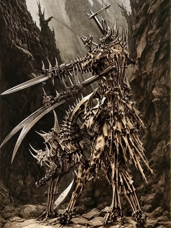 Prompt: A spiked horned semiork skeleton with armored joints stands in a large cave with sword in hand. Massive shoulderplates. Extremely high detail, realistic, fantasy art, solo, masterpiece, bones, ripped flesh, saturated colors, art by Zdzisław Beksiński, Arthur Rackham, Dariusz Zawadzki