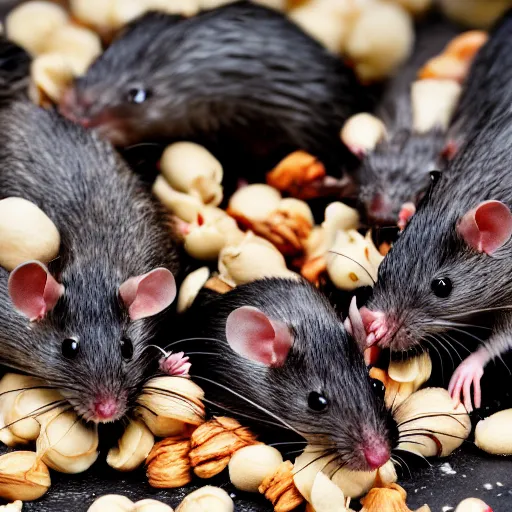 Prompt: a group of rats eating from a spilled bucket of peanuts, close up, dslr photography