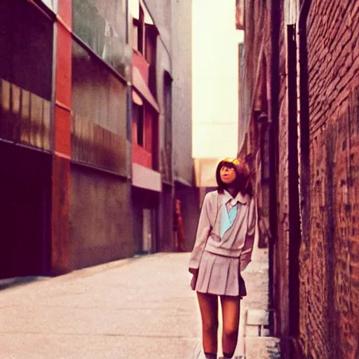 Image similar to 1990s perfect 8K HD professional photo of close-up japanese schoolgirl posing in sci-fi dystopian alleyway, at instagram, Behance, Adobe Lightroom, with instagram filters, depth of field, taken with polaroid kodak portra