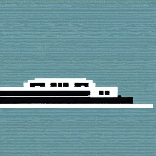 Image similar to a blue white black ferry at the sea, pixelart