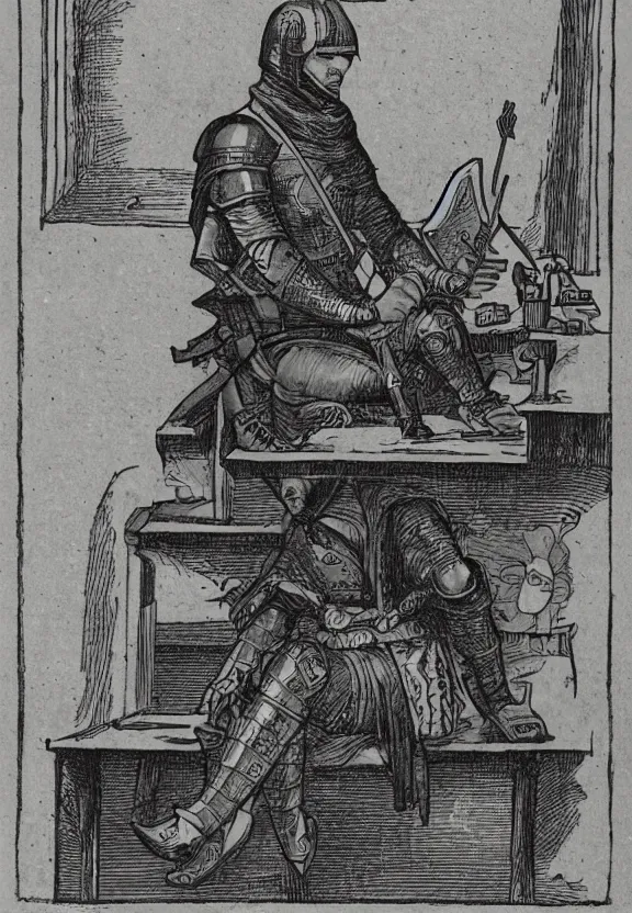 Image similar to [Medieval templar sitting on a desk watching youtube on a computer in a little dark room, illustration, sharp, focus, high quality, smooth]