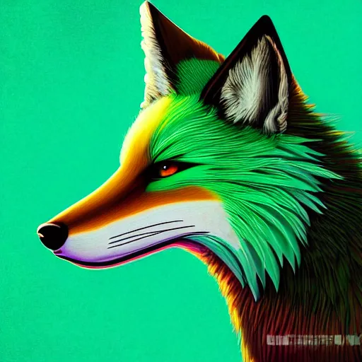 Prompt: digital greeny greeny green fox, retrowave palette, digital world, highly detailed, electric breeze, anatomically correct vulpine, synth feel, fluffy face, ear floof, flowing fur, super realism, accurate animal imagery, 4 k digital art