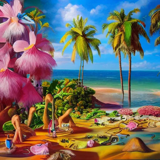 Image similar to tropical dream, oil on canvas, surrealism, highly detailed, masterpiece, award - winning, artstationhd