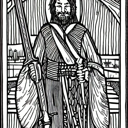 Prompt: king with sword in tarot card style, out lines, high details