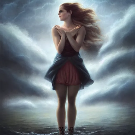 Image similar to emma watson bowing before a hurricane, summoning a storm to wipe louisiana off the map, dramatic sorcery, stormcaller, art by tom bagshaw