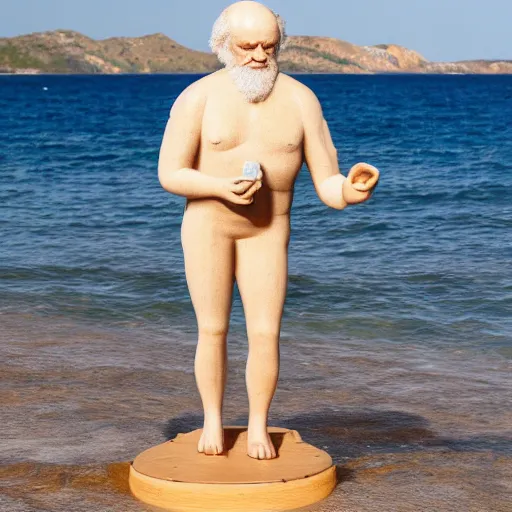 Image similar to charles darwin in a bikini realistic 4 k photograph sunny beach happy