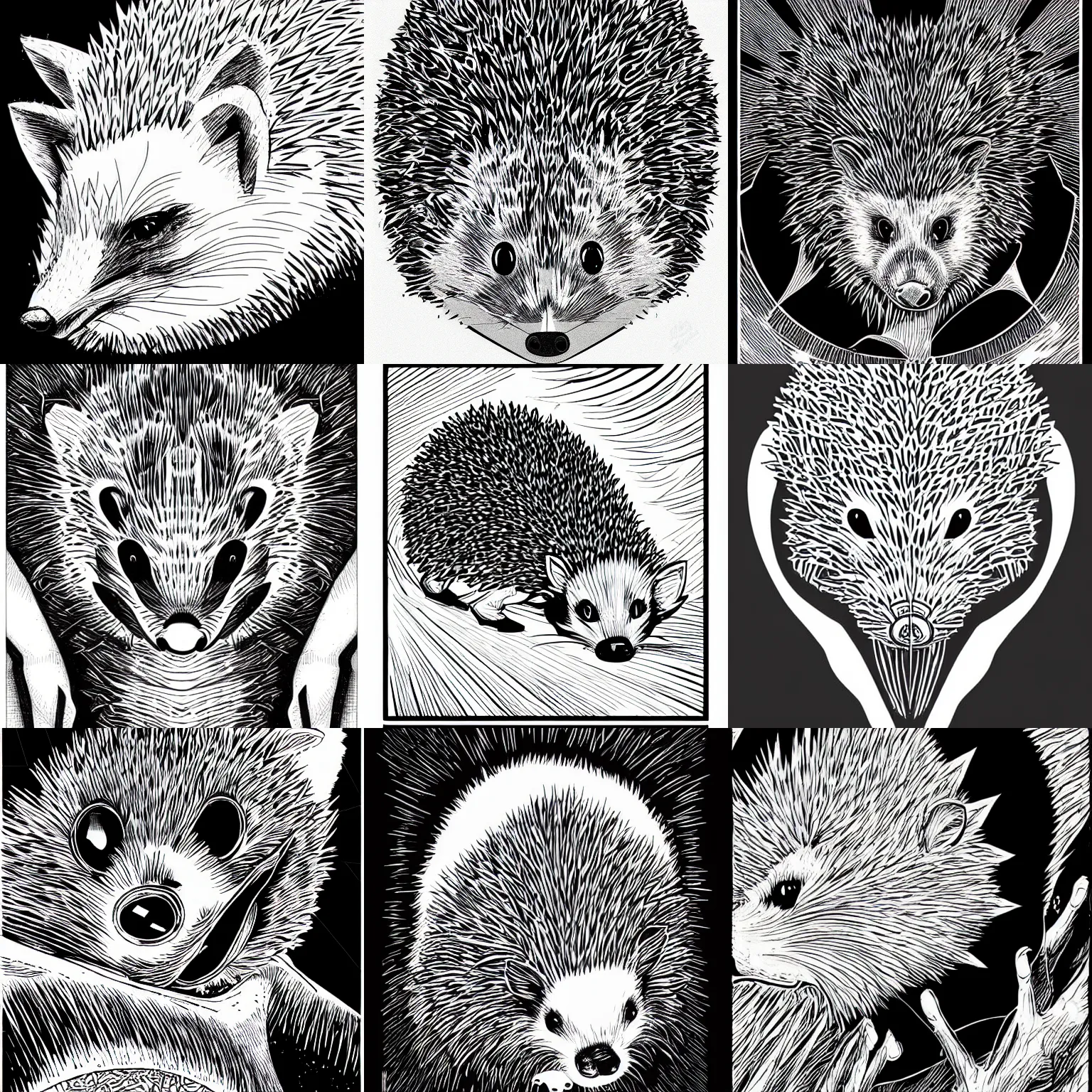 Prompt: clean simple line art of a hedgehog. white background. well composed, clean black and white line drawing, beautiful detailed face. illustration by josan gonzalez and steve ditko and greg rutkowski