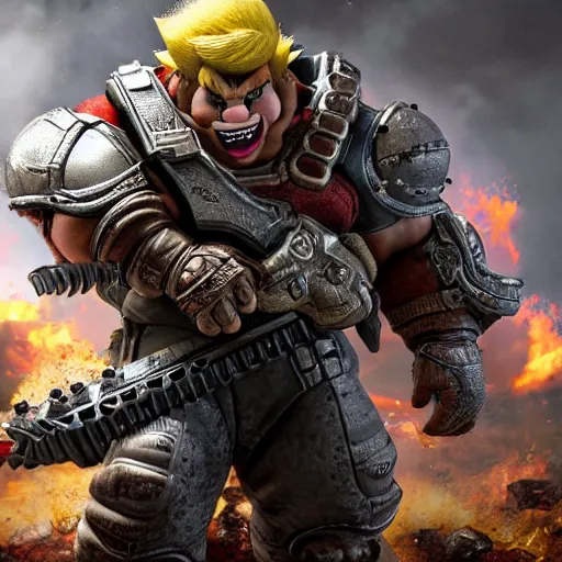 Image similar to Bowser from Mario in Gears of War, highly detailed, high quality, HD, 4k, 8k, Canon 300mm, professional photographer, 40mp, lifelike, top-rated, award winning, realistic, sharp, no blur, edited, corrected, trending