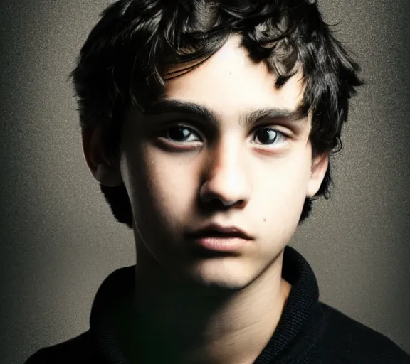 Image similar to an 8 5 mm professional portrait of nico di angelo, a 1 5 - year - old thin italian boy with pale olive skin, black sullen eyes, emo, sleep deprived, son of hades, shaggy black hair, a reluctant smile, detailed professional photography, night lighting, defiant, ghosts theme, volumetric lighting