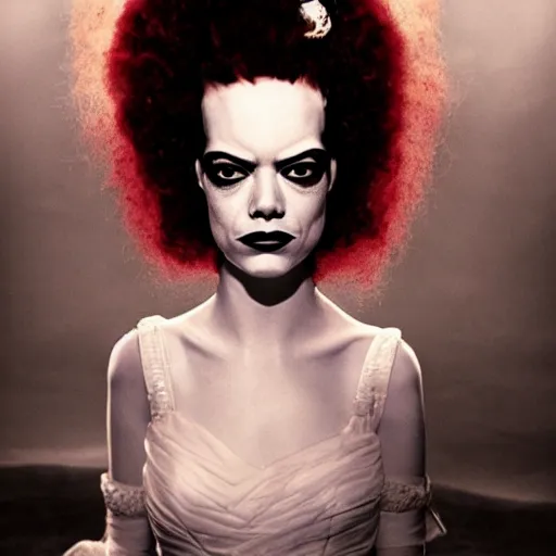 Image similar to emma stone as the bride of frankenstein, universal, movie, photography, portrait, beautiful,