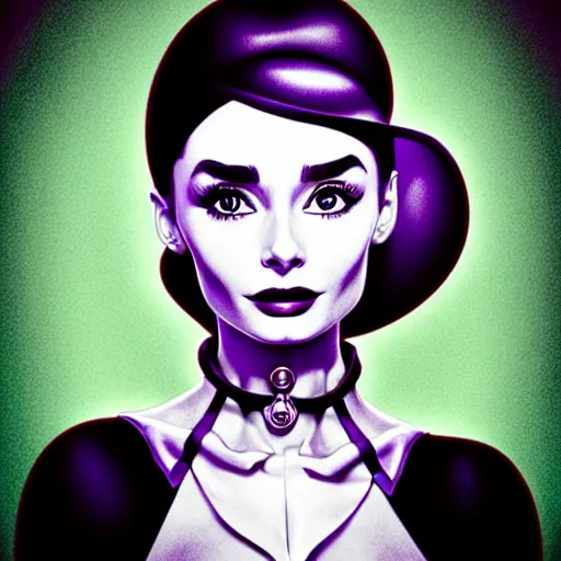 Prompt: in the style of diego fazio, artgerm, beautiful audrey hepburn, steampunk, elegant pose, middle shot, spooky, symmetrical face symmetrical eyes, three point lighting, detailed realistic eyes, short neck, purple and green top clothing, insanely detailed and intricate elegant