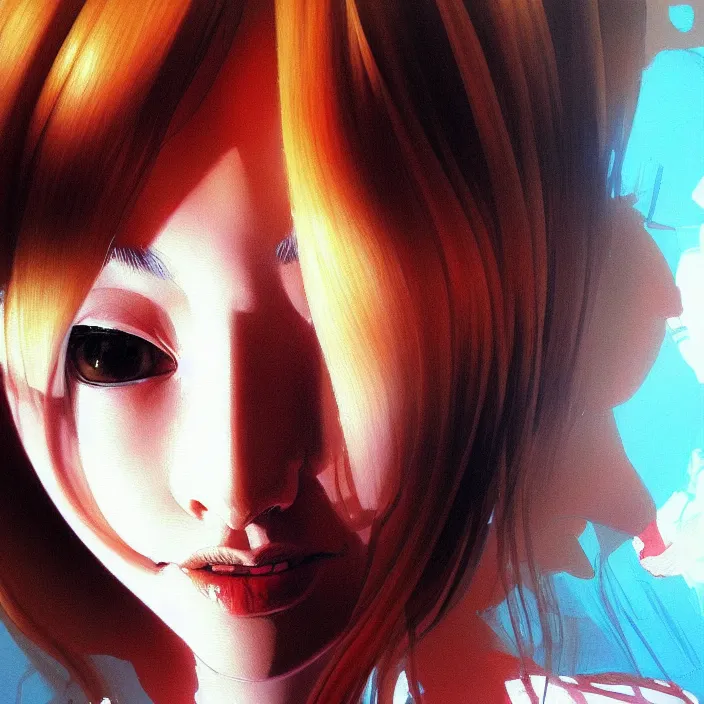 Image similar to nice quality and nice everything painting of a nice portrait of the popular girl at the psych ward laughing at the viewer, by Katsuhiro Otomo, Yoshitaka Amano, Nico Tanigawa, and Artgerm rendered with 3D effect.