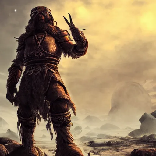 Image similar to space viking wearing ancient armor while traveling a barren planet, fantasy apocalypse, digital art, unreal engine, 4 k, highly detailed,