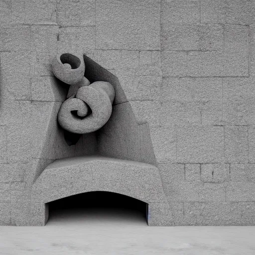 Prompt: a sculpture carved out of stone in the shape of smoke, in a brutalist gallery space of concrete, global illumination, octane render, 8 k