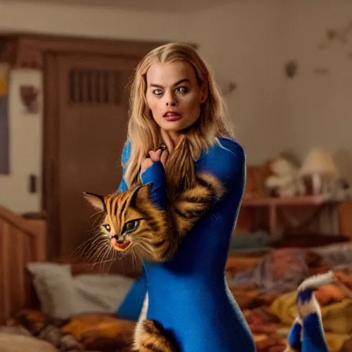 Image similar to Margot Robbie in the movie CATS, movie scene, XF IQ4, 150MP, 50mm, F1.4, ISO 200, 1/160s, natural light