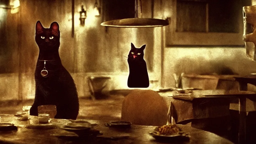 Image similar to the strange cat, works at a restaurant, film still from the movie directed by denis villeneuve and david cronenberg with art direction by salvador dali and zdzisław beksinski, wide lens