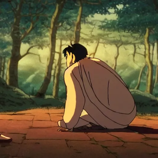 Image similar to a cell - shaded cartoon movie still from princess mononoke ( 1 9 9 7 ) of a middle eastern imam kneeling in prayer. a golden ufo is in the sky. very dull muted colors, hd, 4 k, hq