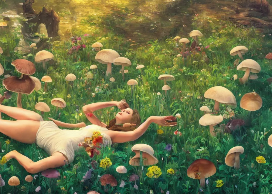 Prompt: painting of A woman laying in a sea of flora from super mario brothers, mushroom kingdom theme, trending on ArtStation, masterpiece, by Greg Rutkowski, by Ross Tran, by Fenghua Zhong, octane, clear eyes, soft render, clear facial features, oil on canvas, moody lighting, cinematic, professional environment concept art