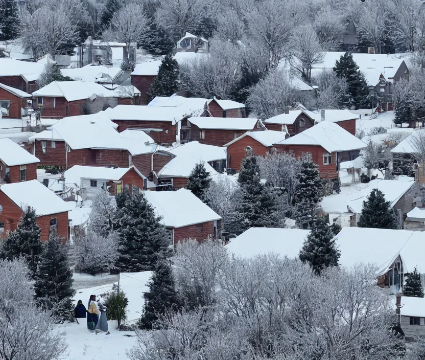 Image similar to A small rural town and neighborhood with small houses from the foreground into the horizon of the background on long roads and streets decorated with Christmas themed objects on their lawns, in the winter months of december, snow is everywhere, it is currently snowing and cloudy, very nostalgic, very melancholic, dramatic angle, rotoscoped, rotoscope, photoshop, photomanipulation, realism, painting, illustration and sketch, weird scribbles, hybrid styles, hybrid art styles, mismatched, trending on artstation, trending on deviantart, weird, quirky, interesting, very detailed, highly detailed, HD Quality, 4k resolution, 8k resolution, in the style of David Firth, in the style of James Lee, in the style of Drue Langlois,