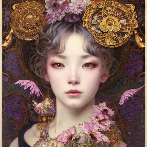 Prompt: a masterpiece ultrarealistic ultradetailed portrait of beautiful love, jewelry genius, witch girl on vintage flea market baroque renaissance. medium shot, intricate, elegant, by stanley artgerm lau, wlop, alphonse mucha, rossdraws, andrei riabovitchev, yoshitaka amano. flower background my james jeand and takashi murakami.