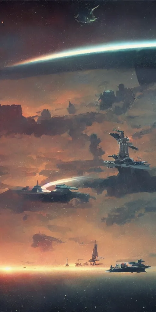 Prompt: large starship frigate dragging long cables and antennas over a cloud covered landscape, sci - fi concept art, by john harris, by john berkey, by simon stalenhag, stunning, award winning